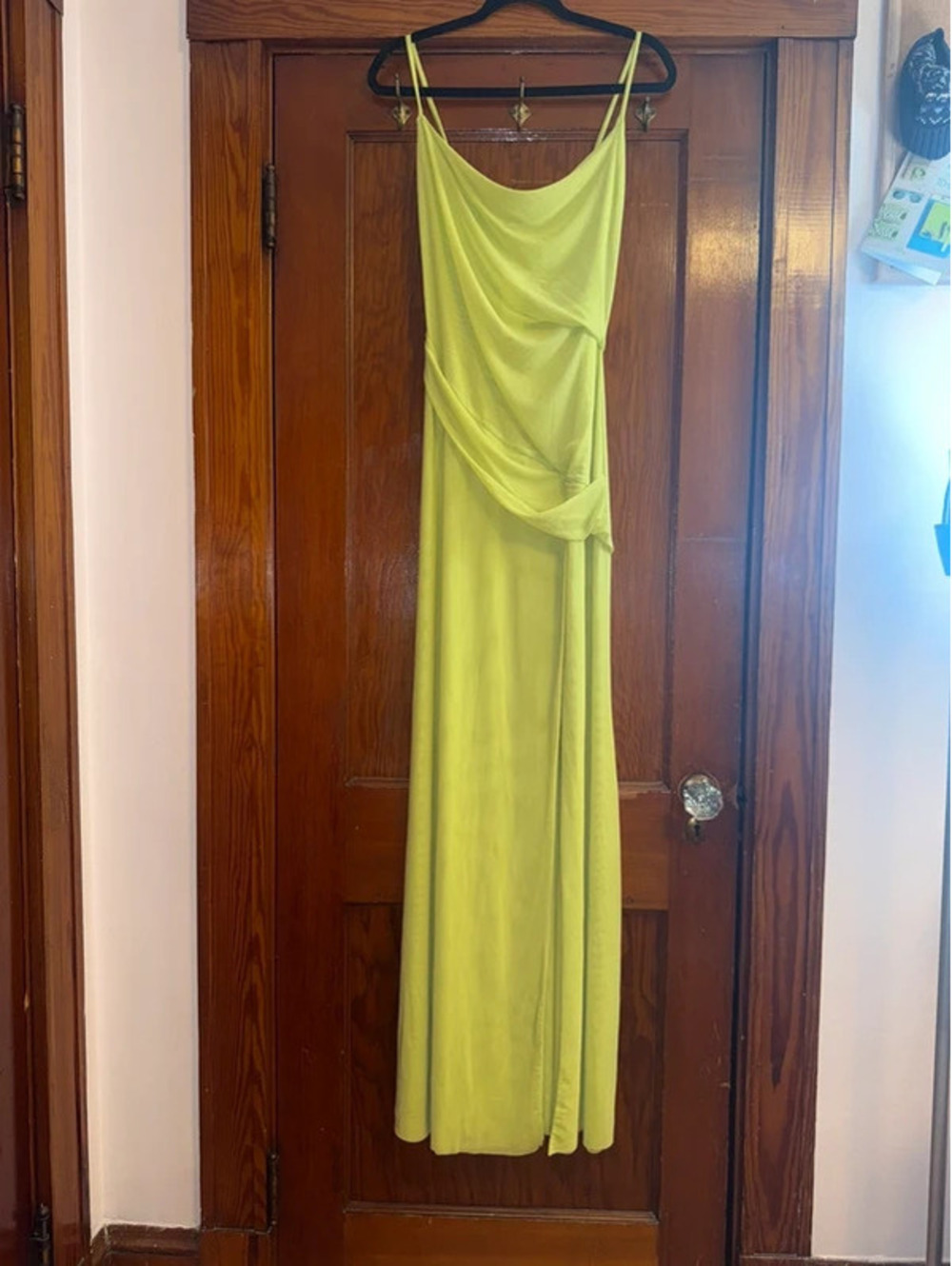 Naked Wardrobe Lime Green Draped Mesh Maxi Dress Side Slit NWT | Size Medium